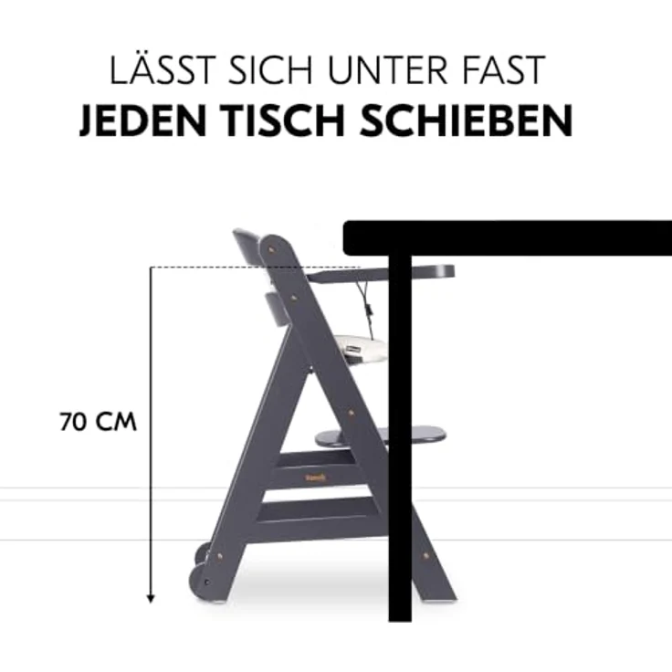hauck Beta+ Hochstuhl Newborn Set mit Deluxe Bouncer - Dark Grey | Mitwachsender Holz Kinderhochstuhl mit Rollen ab Geburt bis 90 kg | inkl. Neugeborenenaufsatz, Essbrett & Sitzkissen – Bild 6