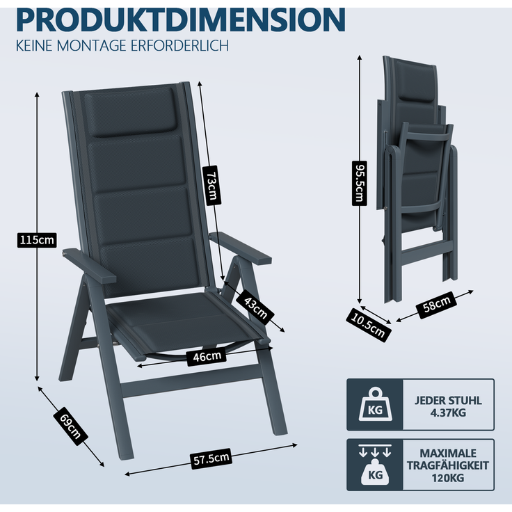 Devoko Klappbarer Gartenstuhl 6er Set, Aluminium, 7-fach verstellbar, max. 160 kg belastbar, wetterfest & ergonomisch, Grau – Bild 8