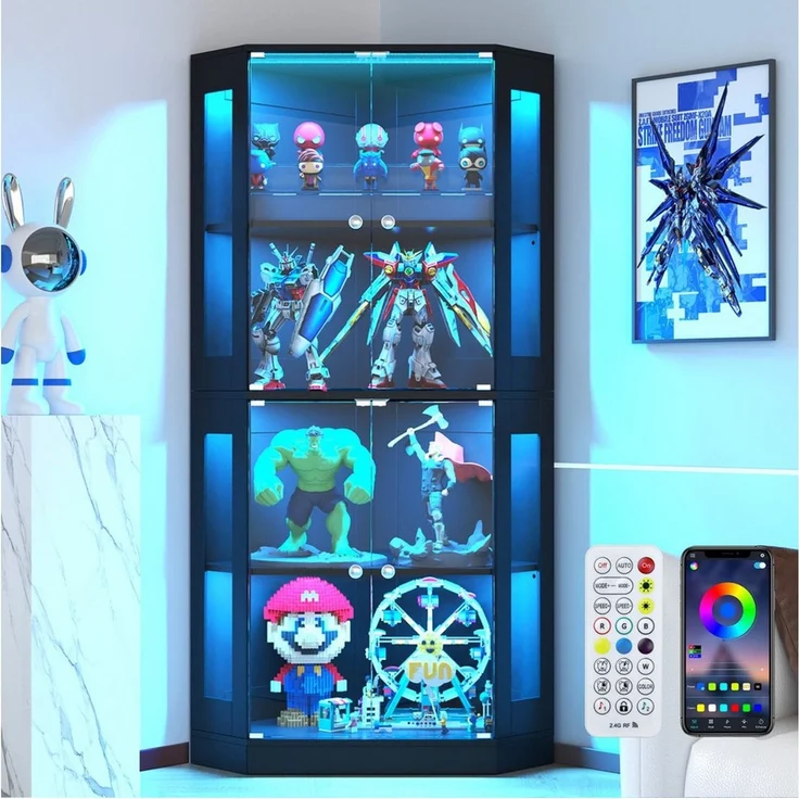 VOWNER Eckschrank Eckdisplay-Schrank mit Glastüren, 165 cm Beleuchtete Vitrine (1-St) 4-etagiges Regal mit Bewegungssensor, 3 Farblichtern – Bild 1