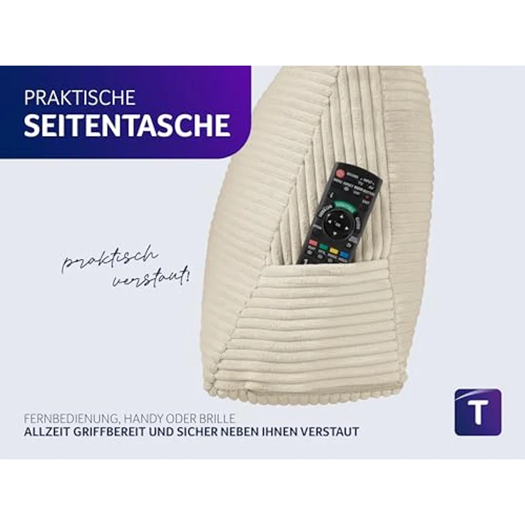 Traumnacht Cozy Rückenkissen, Lesekissen, 70x40 cm, beige, Abnehmbarer,waschbarer Bezug aus gemütlichem Kord, praktisches Seitenfach, Öko-Tex Zertifiziert, produziert nach deutschem Qualitätsstandard – Bild 7