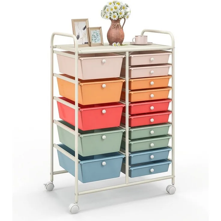 COSTWAY Rollcontainer, Metallgestell, 15 stapelbare Schubladen, mit Bremsen