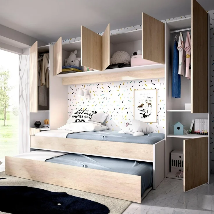 Dmora - Kinderbett Venturosa, Komplettes Schlafzimmer mit Bridge-Kleiderschrank und Kommode, Komposition mit Bett und Einzelausziehbett, 303 x 97 x 203 cm, Eiche und Weiß – Bild 1