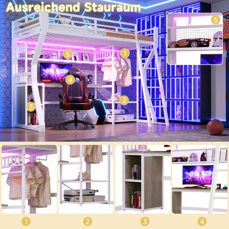 Hochbett 90x200 cm mit Eisenrahmen, LED-Lichtleiste, Steckdose, Kleideraufhängung, Schreibtisch und Staufächern, Weiß – Bild 8