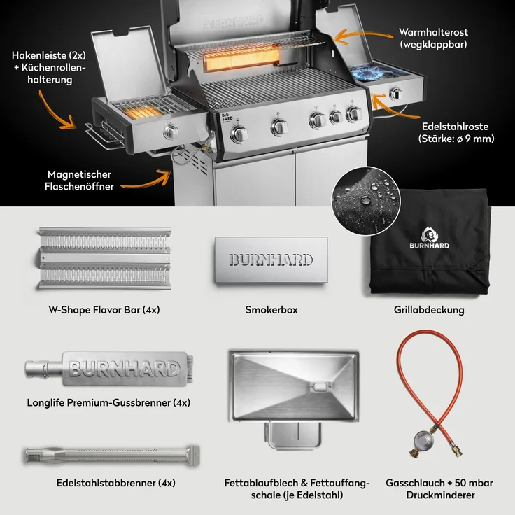 BURNHARD® Gasgrill 4-Brenner, Big FRED Deluxe+, 24,7 kW, Longlife Gussbrenner, Infrarot-Keramikbrenner, Heckbrenner, Seitenkochfeld, Piezo-Zündung, Edelstahlrost, Silber – Bild 4