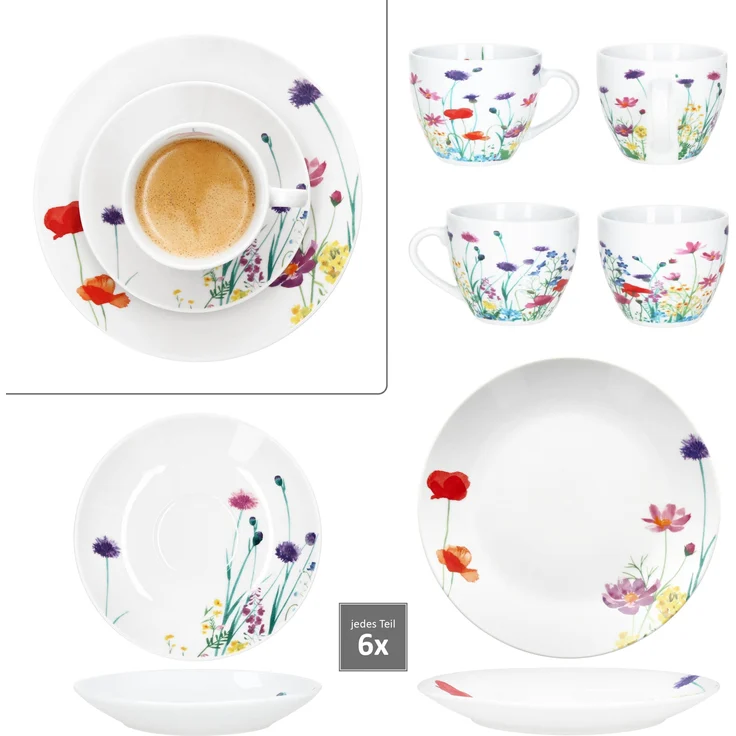 18tlg Kaffeeservice Marie Porzellan 6 Personen Tassen Untertassen Teller Blumen – Bild 5