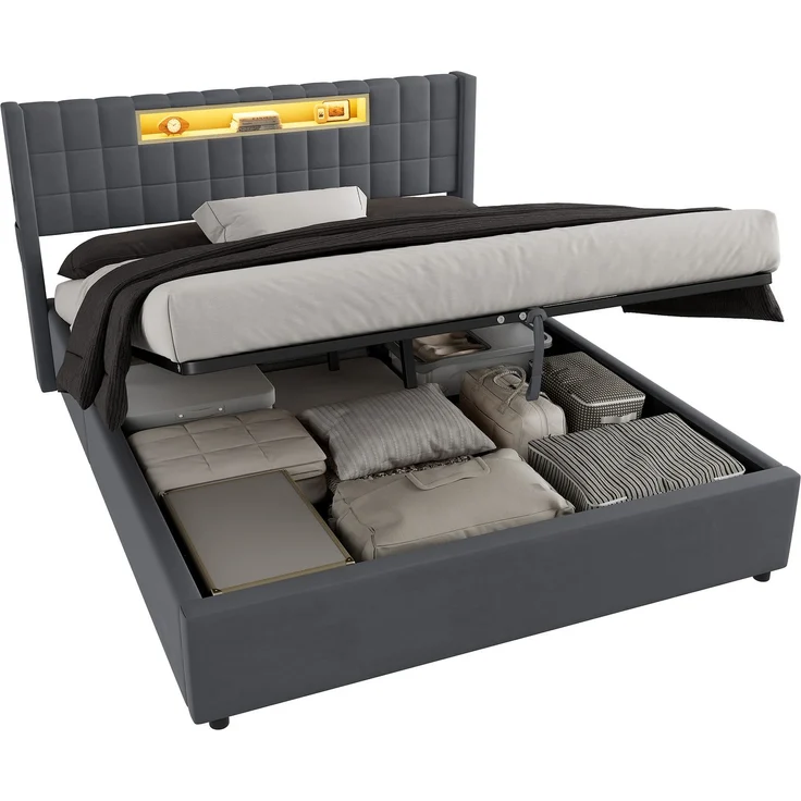 Polsterbett 160x200 cm mit LED, USB-Anschluss und hydraulischem Stauraum – ohne Matratze – Bild 10