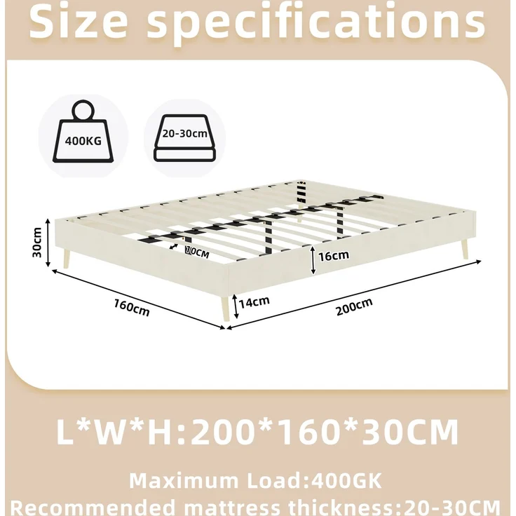 Novelux Modernes Bettgestell 160x200 cm Beige Samt - Plattformbett ohne Kopfteil, Minimalistisches Holzbett, Niedriges Bett für Modernes Schlafzimmer – Bild 2