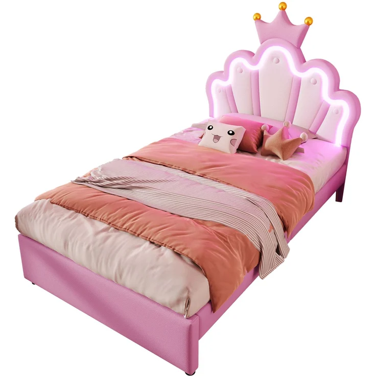 Polsterbett, 90 x 200 cm, Ohne Matratze, Ferngesteuertes Ambientelicht, Bett mit 2 Schubladen, Prinzessinnenbett in Kronenform, Verstellbares Kopfteil, PU, Rosa – Bild 7