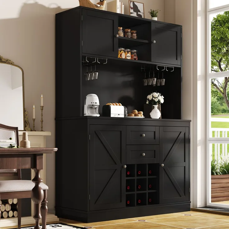 Küchenschrank mit verstellbaren Ablagen & Weinregal, Hochschrank Küchenbuffet mit 4 Türen & 2 Schubladen, Sideboard für Küche & Wohnzimmer, Buffetschrank, Schwarz--Schwarz--120x40x188cm--YOUDENOVA