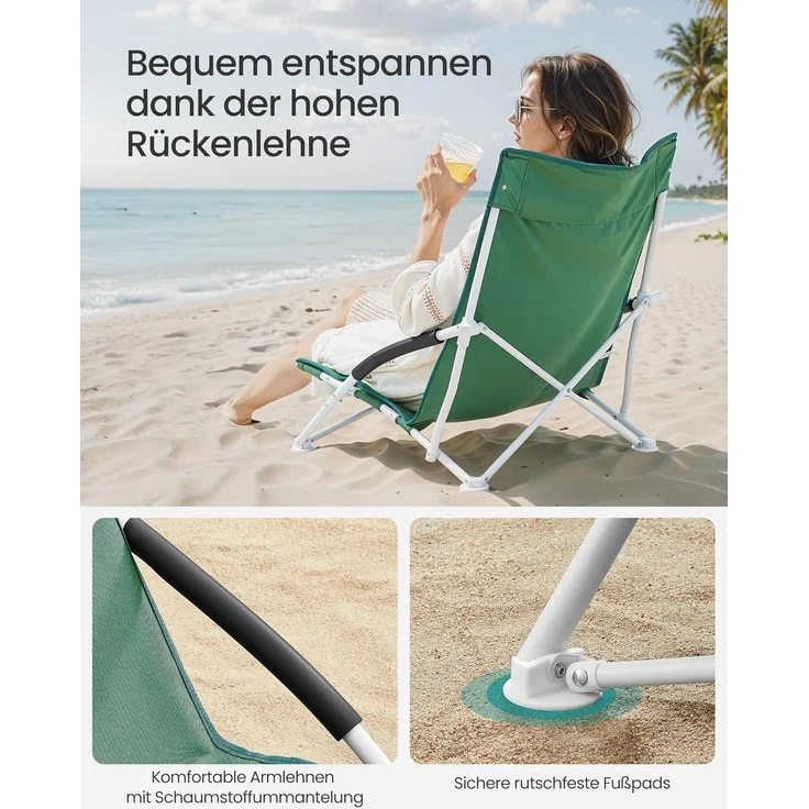 Campingstuhl, klappbarer Strandstuhl, Klappstuhl mit Tragetasche, bis 150 kg belastbar, aus robustem Oxford-Gewebe, für Angeln, Garten und Camping, Grün, GCB61GV1 – Bild 4