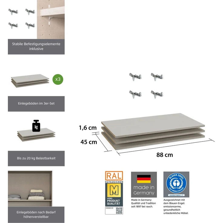 rauch Zubehör, Einlegeböden 3er-Set, für Drehtürenschränke von rauch mit einer Elementbreite von 90 cm und einer Schranktiefe von 54 cm – Bild 3