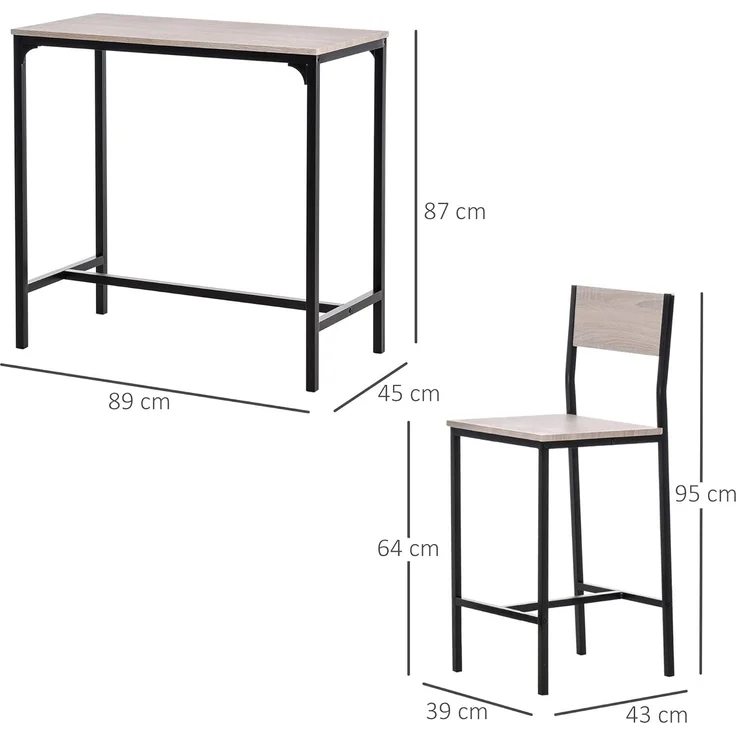 HOMCOM Bargruppe Esstisch mit 2 Barhocker, (Sitzgruppe, 3-tlg, Essgruppe), Natur+Schwarz MDF Metall – Bild 7