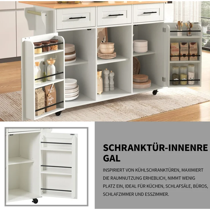 Küchenwagen aus MDF mit klappbarer Platte & Rollen, 139x46(71)x91,5 cm, Weiß – Bild 8