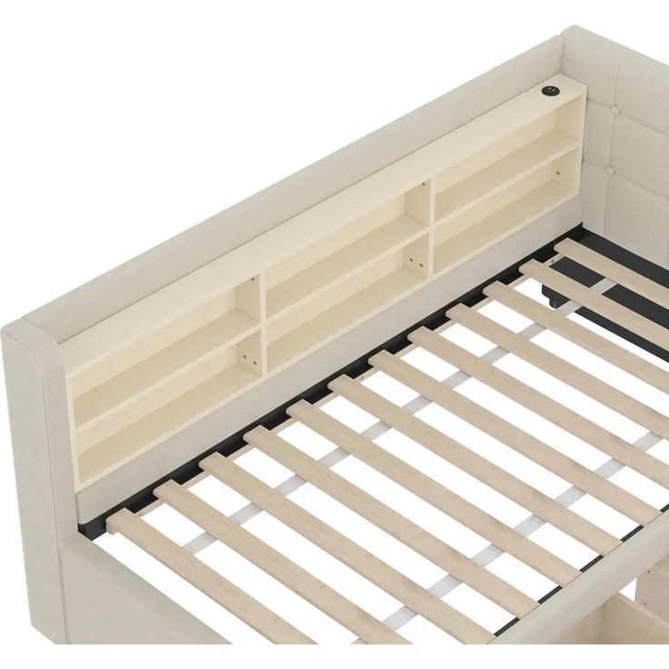 Stauraumbett mit Schubladen, Lattenrost, Regal, USB und Type-C Anschluss, 90x200 cm, Einzelbett, Polsterbett, Leinen – Bild 7