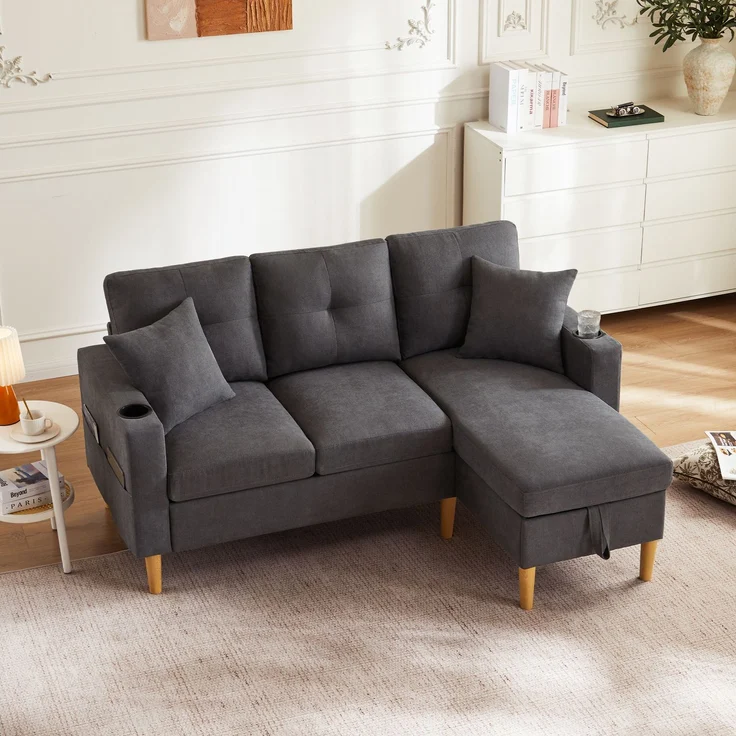 Merax L-förmiges modernes Sofa, 3-Sitzer-Sofa mit Chaiselongue, Stauraum, integriertem Getränkehalter, wird mit 2 Kissen geliefert, Dunkelgrau – Bild 5