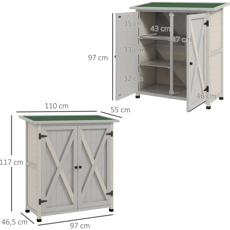 Gartenschrank 110 x 55 x 117 cm aus Holz mit Asphaltdach und zwei Türen, hellgrau – Bild 2