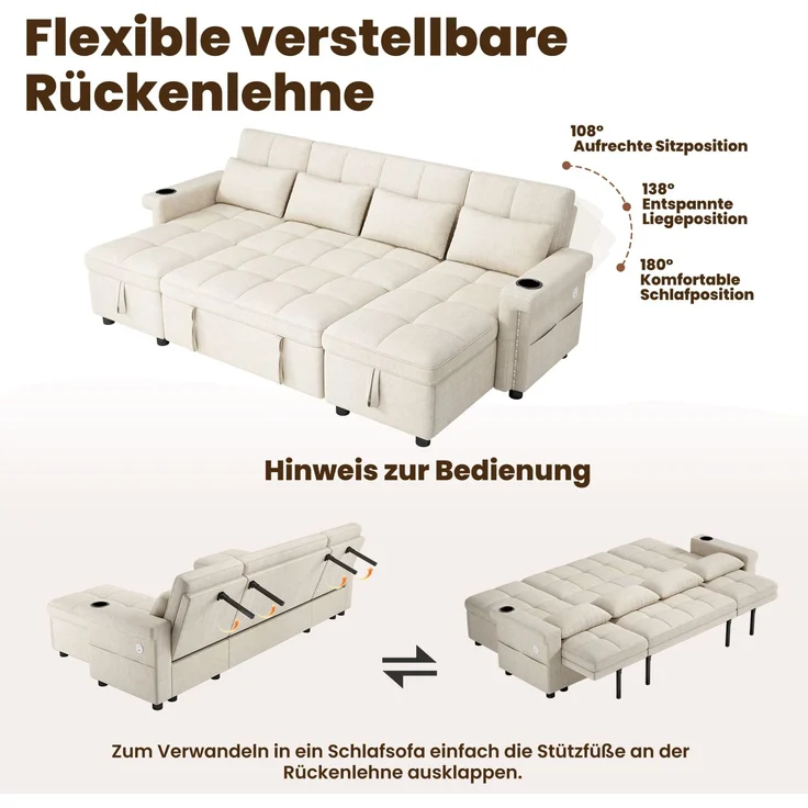 U-förmiges Ecksofa, Chenille mit Schlaffunktion und Stauraum, 268,5 x 141,5 x 90 cm, Beige – Bild 6