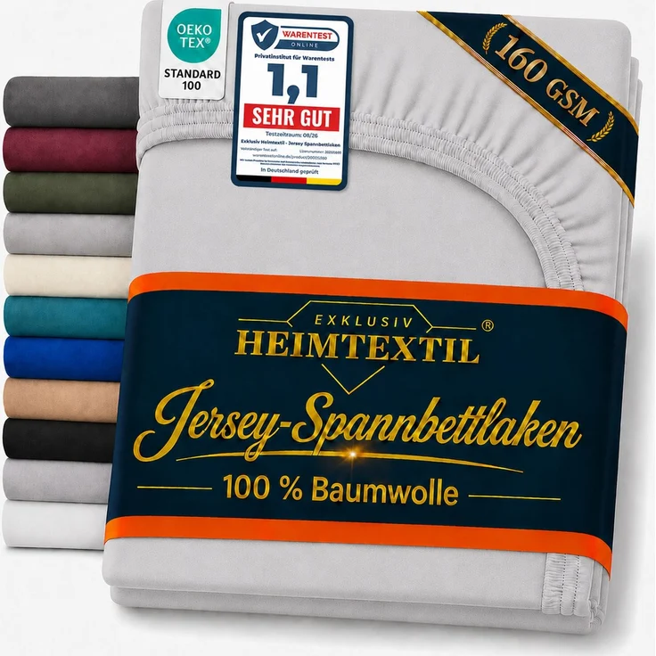 EXKLUSIV HEIMTEXTIL Jersey Spannbettlaken Deluxe 160 x 200 cm Silber 160 GSM, 100% Baumwolle Öko - Tex Zertifiziert Bed-Sheet Bettlaken Spannbetttuch Topper Leinentuch – Bild 1