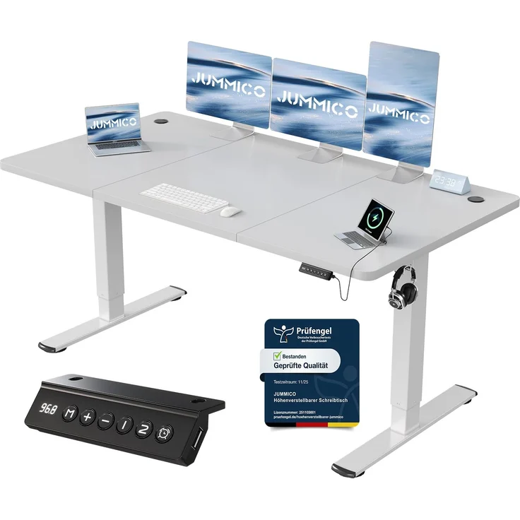 JUMMICO Schreibtisch elektrisch höhenverstellbar mit USB-Ladeanschluss, Grau, 160x70 cm