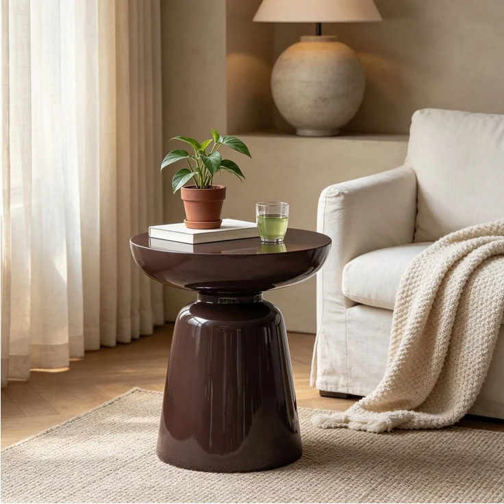 Round Accent Side Table with Bowl Top, Fiberglass with Sticker Finish, Modern Pedestal End Table for Living Room (Reddish Brown) – Bild 1