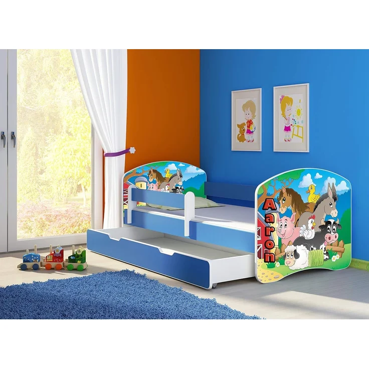 ACMA Kinderbett Jugendbett mit Einer Schublade und Matratze Blau mit Rausfallschutz Lattenrost II 140x70 160x80 180x80 (34 Farm, 160x80 + Bettkasten) – Bild 3