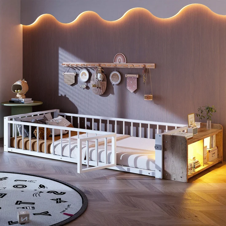 Kinderbett mit LED-Streifen, Regal, Zaun, Lattenrost und Tür, 90x200 cm, Einzelbett mit Rausfallschutz, Metallbett – Bild 1