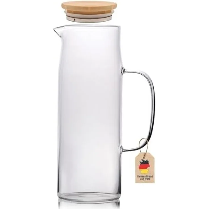 Intirilife Karaffe, (Karaffe aus Borosilikatglas mit Henkel und Holz Deckel, Karaffe aus Borosilikatglas mit Henkel und Holz Deckel), Glas Krug mit Bambusdeckel in KLAR - 1,3l