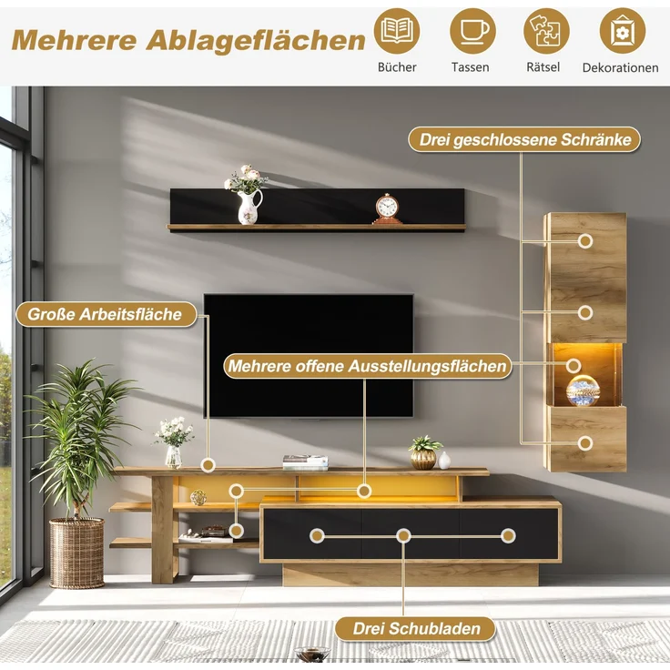 DESVIAE TV-Schrank-Set 3-tlg. mit LED-Beleuchtung und 3 Schubladen 180x40x45 cm MDF Naturholz/Schwarz – Bild 4