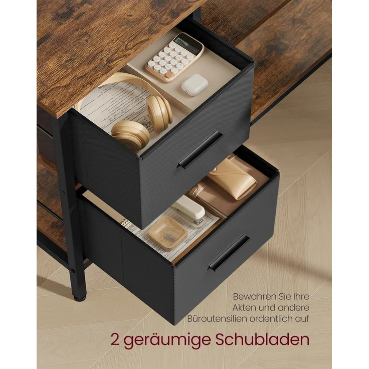 VASAGLE L-förmiger Schreibtisch, 2 geräumige Schubladen, Computertisch mit Monitorständer, Eckschreibtisch, Gaming-Tisch mit Verstellbarer Ablage 135x105 cm vintagebraun LWD098B01 – Bild 3