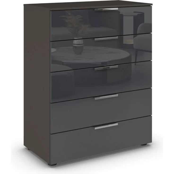 Rauch Möbel Flipp, Kommode für Schlafzimmer, Kinderzimmer, Wohnzimmer, Jugendzimmer, Flur, Garderobe, 5 Schubladen, mit Softclose Funktion, Farbe Glas Basalt, Schwarz, Breite 80 cm – Bild 1