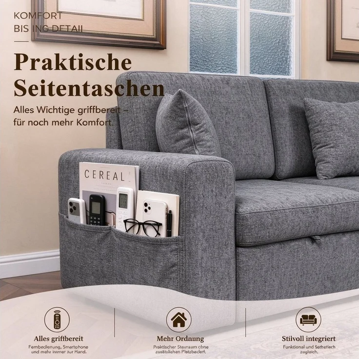 HOMAVO Ecksofa Schlafsofa, Couch L-Form, keine Montage erforderlich, inkl. Zierkissen, FSC® modulares Sofa, optionale Schlaffunktion & flexible Ottomane, Größe modular anpassbar, Stauraum je Sitz & edles Chenille für Komfort – Bild 4