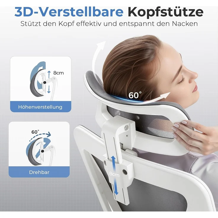 COMHOMA Bürostuhl Ergonomisch [TESTSIEGER], Schreibtischstuhl mit 3D-Kopfstütze & 3D-Lendenwirbelstütze, verstellbare Armlehnen, Office Chair mit Wipp- und Kippfunktion,Belastung bis 150KG, Grau – Bild 4