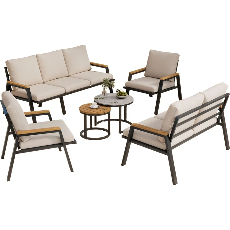 Merax Gartenlounge-Set, Gartenmöbel-Set mit bequemen Kissen, mit 2 Couchtische, Marmor lackierte Glasplatte und Kunststoff-Holzplatte, graubeige – Bild 10