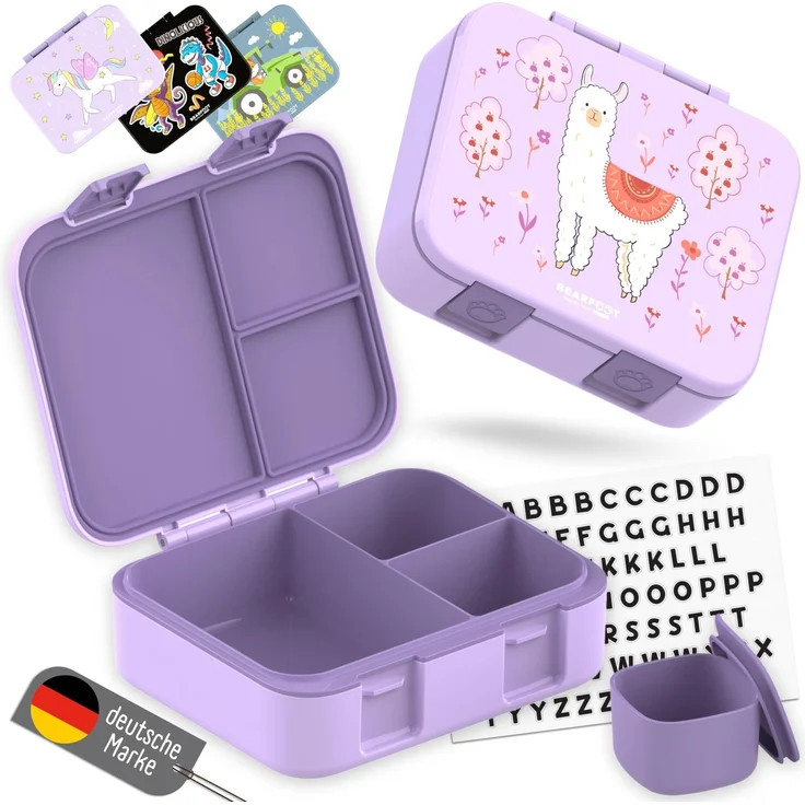 BEARFOOT Bento Box COMPACT Kinder Brotdose (Lama-lila, 1.000 ml) | BPA-frei, auslaufsichere Lunchbox mit Fächern, für Schule & Kindergarten, für Mädchen & Jungen, leicht & kompakt