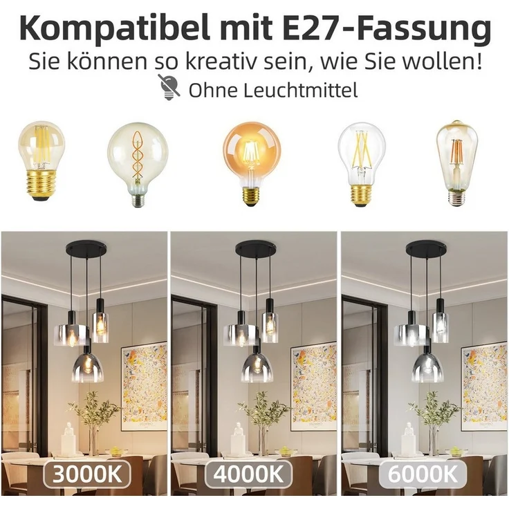 Nettlife Pendelleuchte 3/4 rauchgrauem Glas E27 Fassung Industrielle Hängeleuchte, Höhenverstellbar, LED wechselbar, Pendellampe für Wohnzimmer Küche Esszimmer – Bild 2