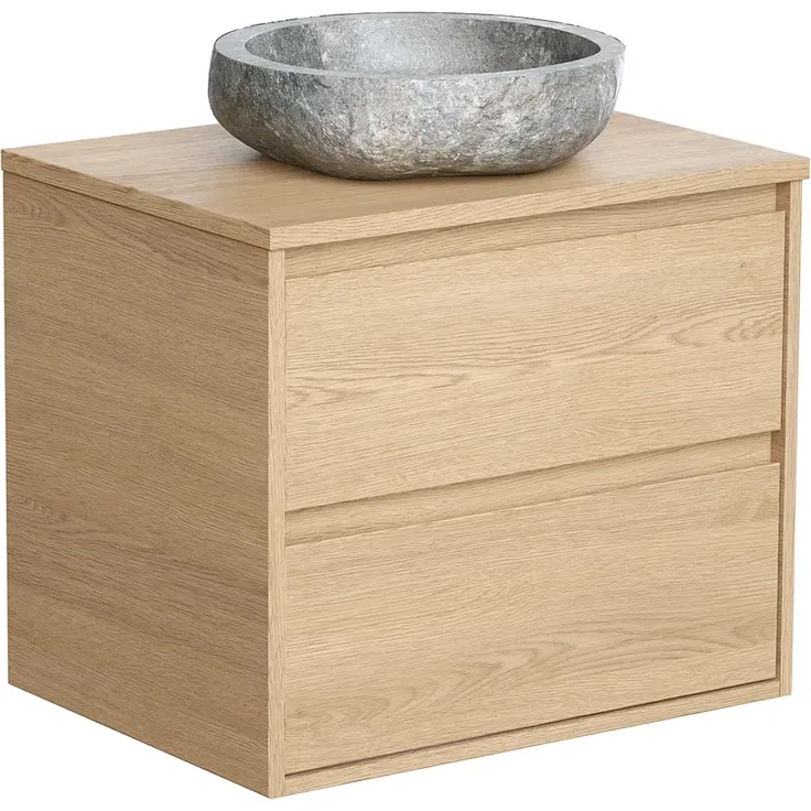 Vente-unique - Waschbeckenunterschrank mit Aufsatzwaschtisch aus Stein - Eichenfurnier - 60 cm - MILIPAM