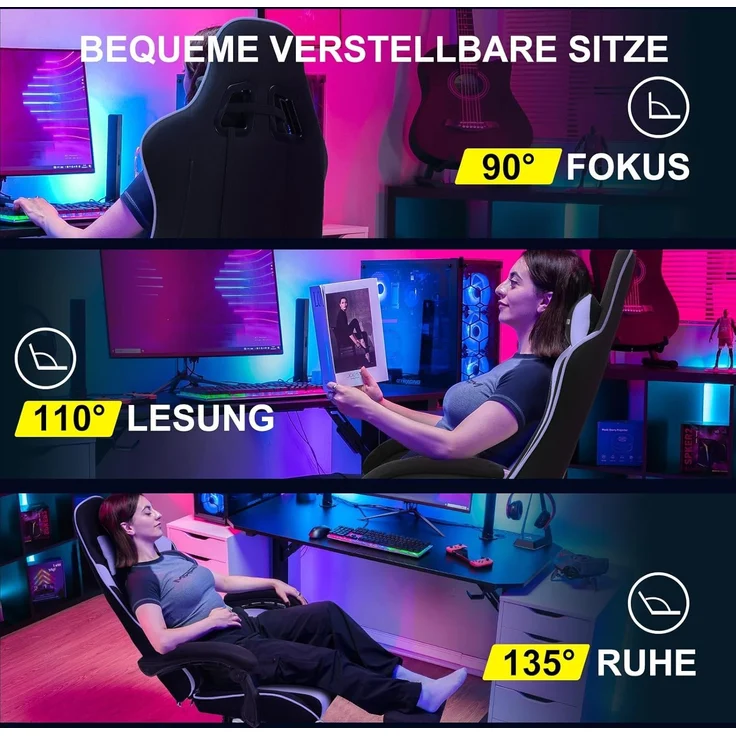 GTPLAYER Gaming Stuhl Stoff, Bürostuhl Massage Gaming Sessel Ergonomischer Gamer Stuhl mit Fußstütze, Kopfstütze Massage-Lendenkissen, Gepolstert Gaming Chair, Drehsessel, lila – Bild 7
