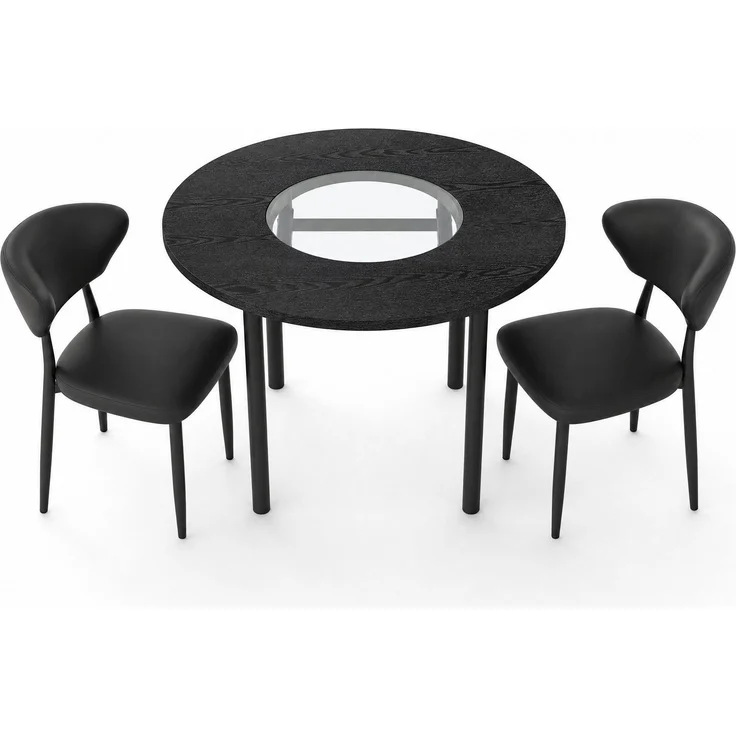 Essgruppe mit rundem Tisch Ø 100x76 cm, Glasablage & 2 PU-Stühlen, Schwarz – Bild 3