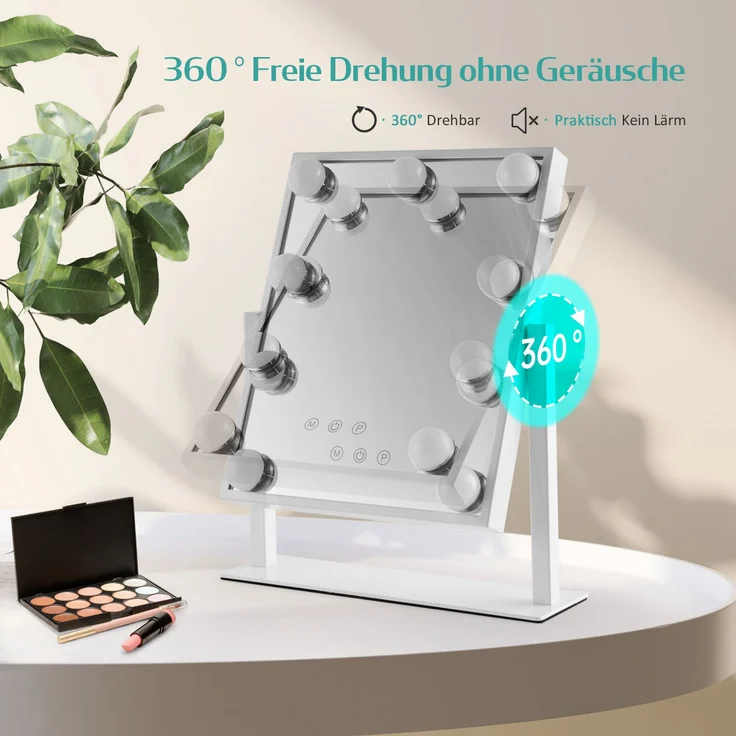 EMKE Hollywood Spiegel Schminkspiegel mit Beleuchtung 9 Dimmbaren LED-Leuchtmitteln 360° Drehbar Kosmetikspiegel mit 3 Lichtfarben 7× Vergrößerung Touch-Steurung,Weiß,25×30cm – Bild 4