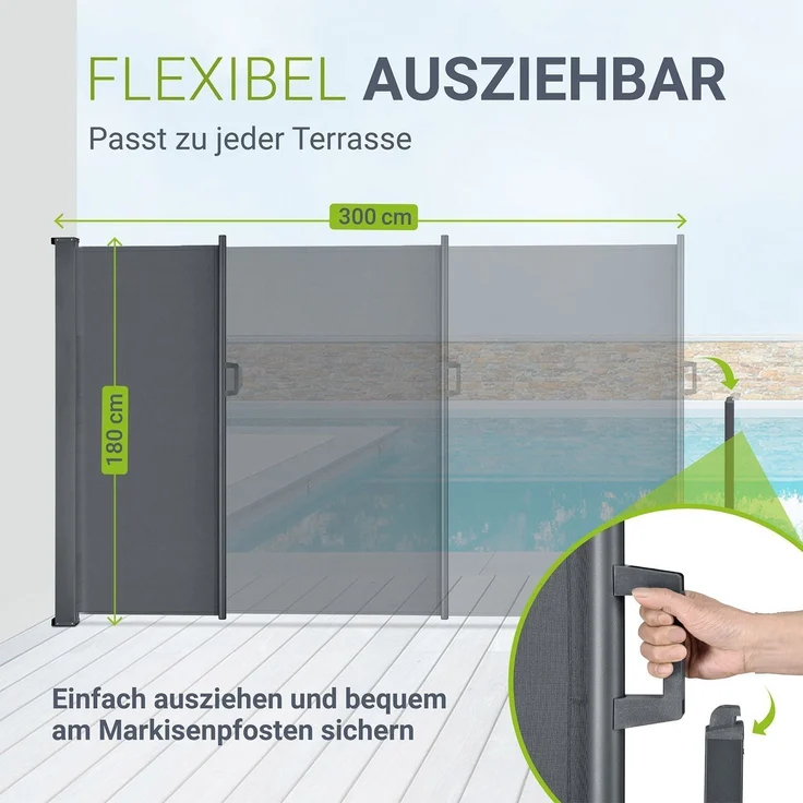 Juskys Seitenmarkise Dubai 300 x 180 cm ausziehbar blickdicht, Sichtschutz für Balkon & Terrasse, Seitenrollo Wandhalterung – anthrazit – Bild 3