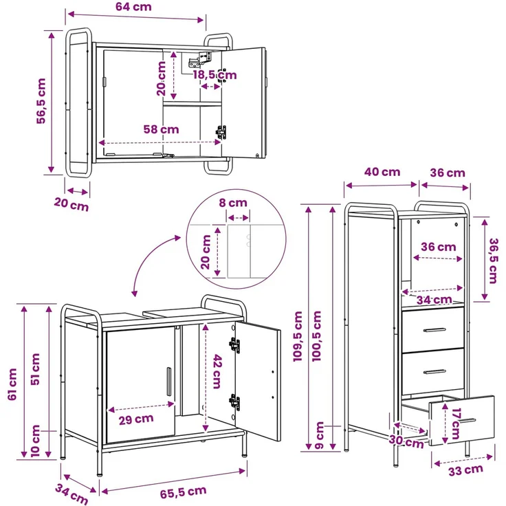 vidaXL Badezimmerschrank-Set 3 stk. Räuchereiche 40 x 36 x 109,5 cm 3444521 – Bild 11