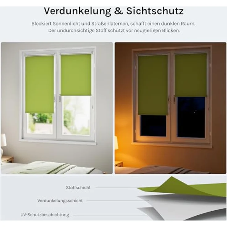 WOLTU Verdunkelungsrollo ohne Bohren, Thermo Verdunkelungsrollo mit Kette, Sichtschutz, für Türen und Fenster, Grün，B90 x H150 cm – Bild 2