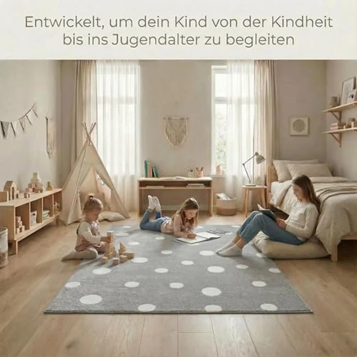 Jimri Kinderteppich DOTS l Pünktchen Gepunktet | Farbe: Beige Blau Rosa | Kinderzimmer/Jugendzimmer (Grau, 160x230 cm) – Bild 9