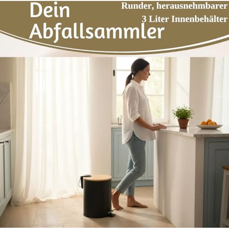 LS-LebenStil Tretmülleimer 3L Schwarz Matt, Rund mit Softclose Holz Deckel und Fußpedal, Kosmetikeimer für Bad und Büro – Bild 4