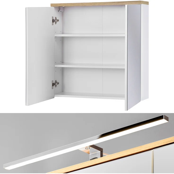 Badezimmer Waschplatz Set inkl. 61 cm Keramikwaschtisch LUTON-56 Hochglanz weiß mit Wotan Eiche Nb, B/H/T ca. 110/200/46 cm – Bild 6