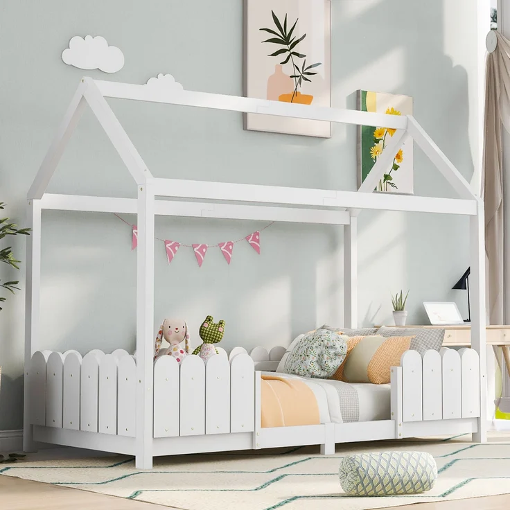 Bett 90x200 cm Hausbett mit Dach und Rausfallschutz – weißes Kinderhaus aus Kiefernholz mit Lattenrost – Bild 6