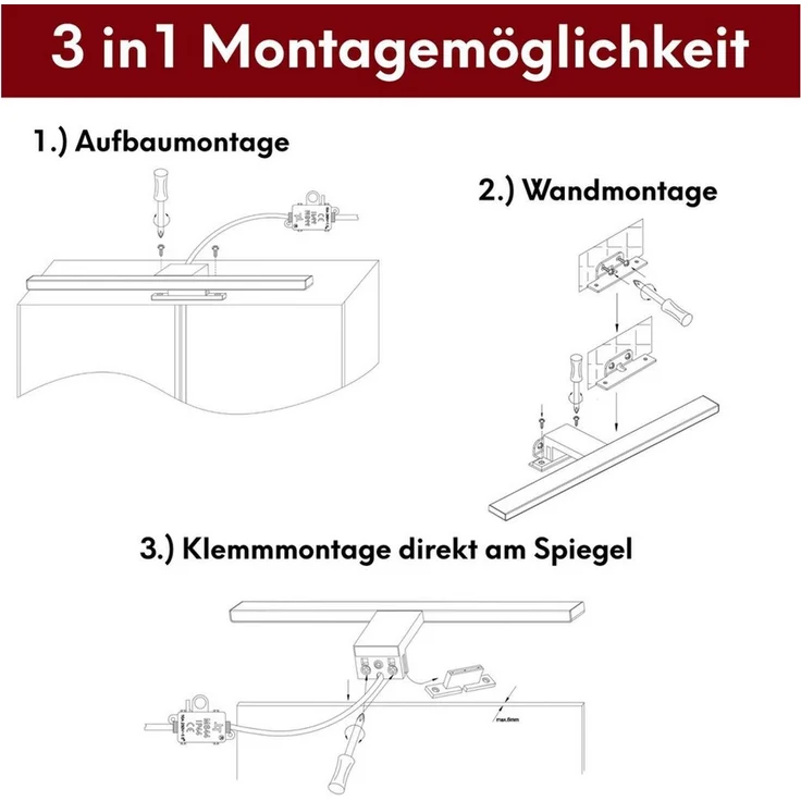 kalb LED Spiegelleuchte 100cm LED Badleuchte Badlampe Spiegellampe 230V, silbergrau, warmweiß – Bild 4