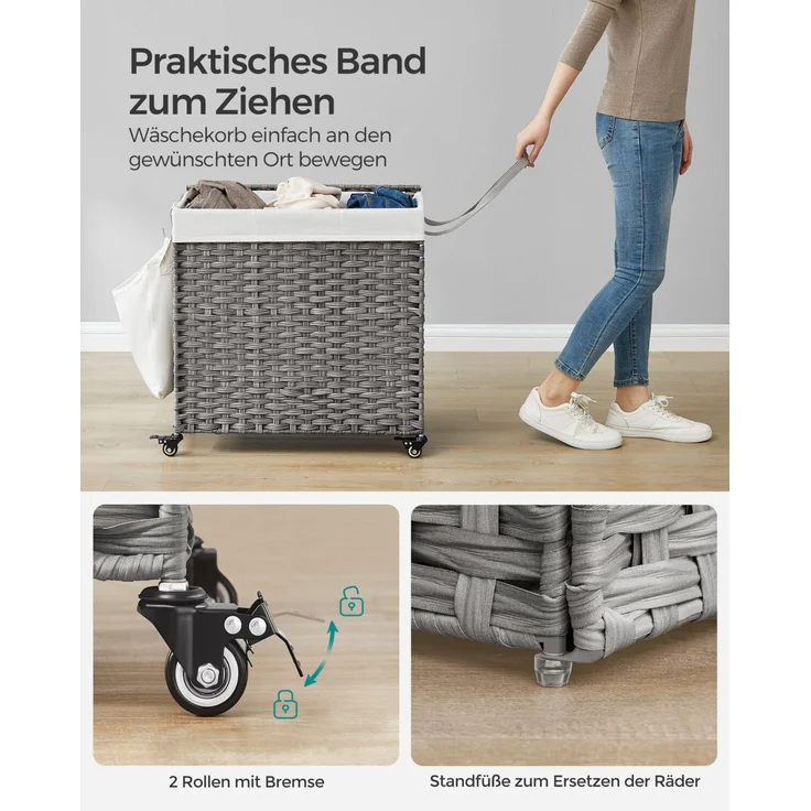 Songmics Wäschekorb handgeflochten mit 3 Fächern, Polyrattan Grau, 66 x 33 x 60 cm – Bild 2