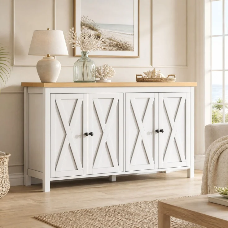 DESVIAE Sideboard mit 4 Türen und verstellbaren Einlegeböden 140x78x40 cm MDF Weiß – Bild 1