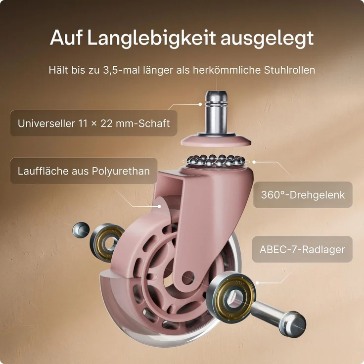 Desktronic Bürostuhlrollen Rosa, Ersatzrollen 360°, Set 5 Stück, Ersatzräder für Bürostühle auf Teppich- und Parkettböden – Bild 8